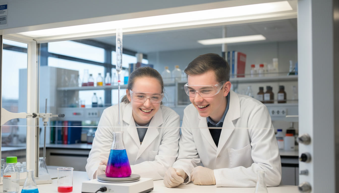 Photo Idea : A pair of students in an IB laboratory watching a colorful titration under a bright fume hood