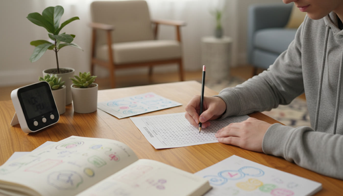 Photo Idea : Close-up of a student shading an OMR sheet with a focused timer visible, scattered subject notes nearby