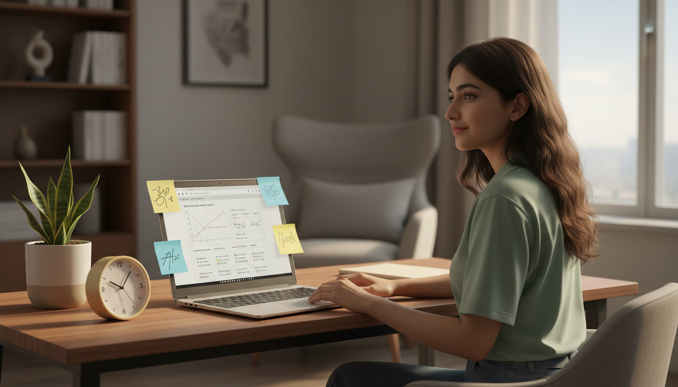 Photo Idea : A focused student at a tidy desk, working on a full-length mock test on a laptop with sticky notes and a clock showing time management.