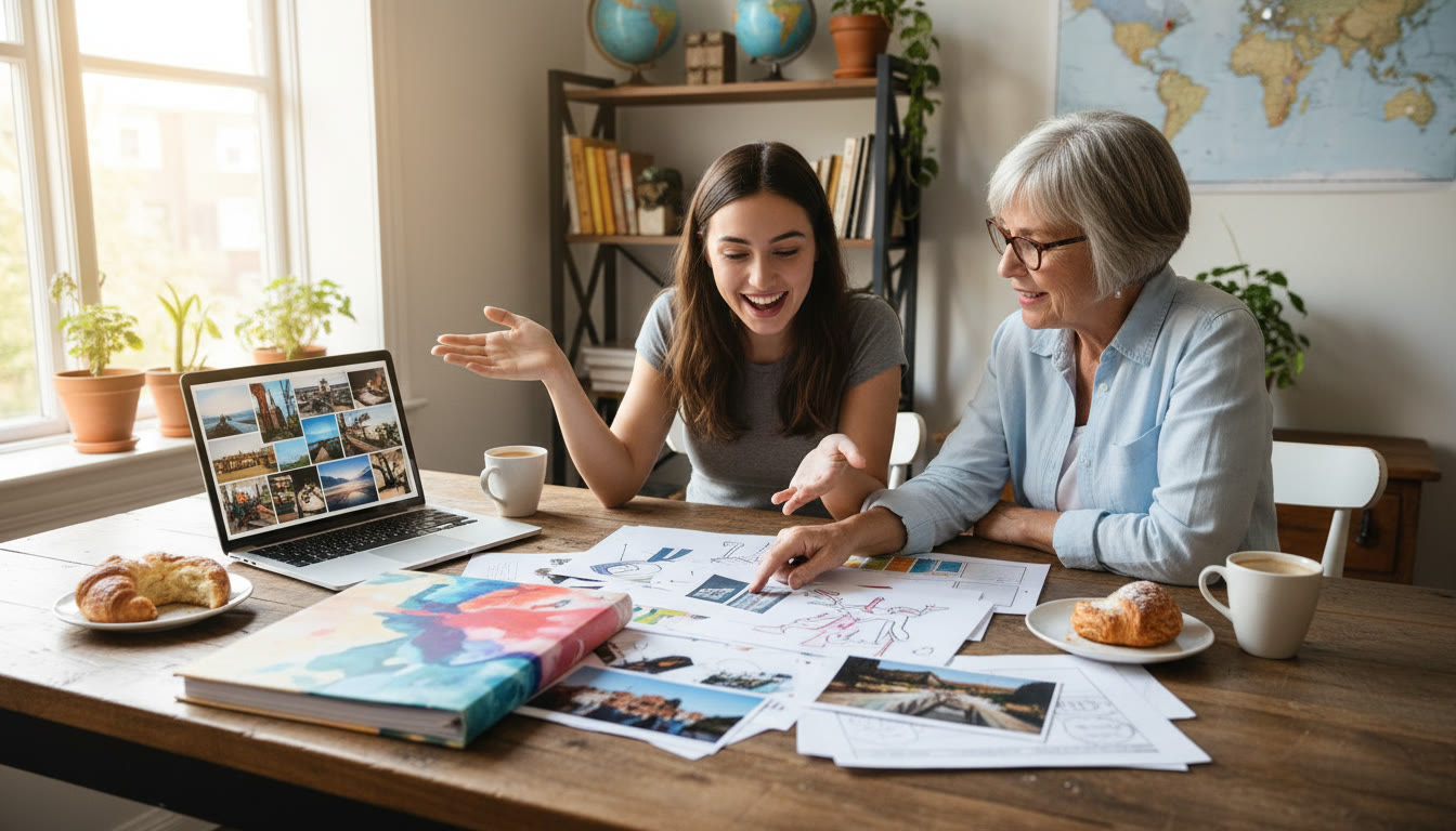Photo Idea : A student reviewing a gap-year portfolio with a mentor at a kitchen table, papers and a laptop open