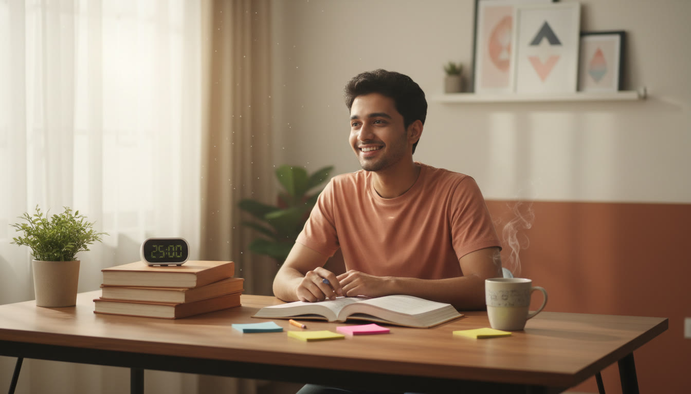Photo Idea : A focused student at a desk with textbooks, a timer, sticky notes, and a mug of tea