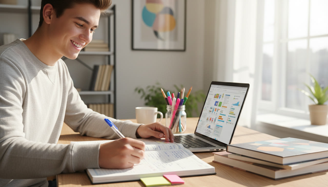 Photo Idea : A student sitting at a sunlit desk with a planner, laptop, and colored pens, checking off tasks.