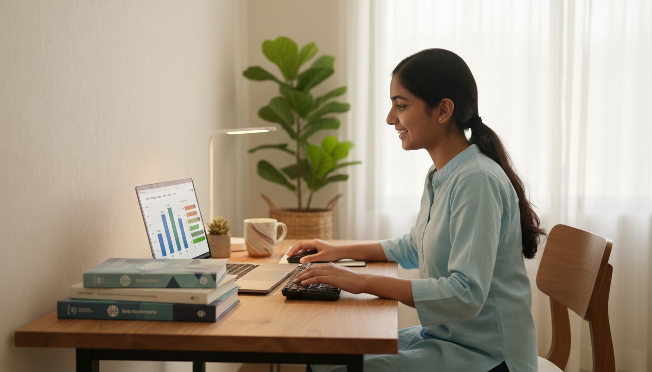 Photo Idea : An IB student at a tidy desk with International Baccalaureate textbooks and a laptop showing timed JEE practice questions