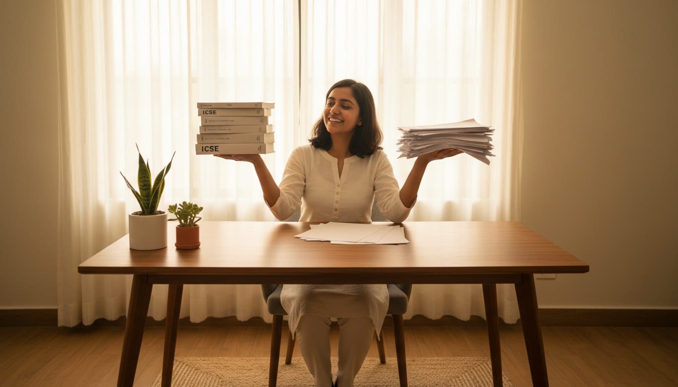 Photo Idea : Student at desk balancing ICSE books and NEET question papers
