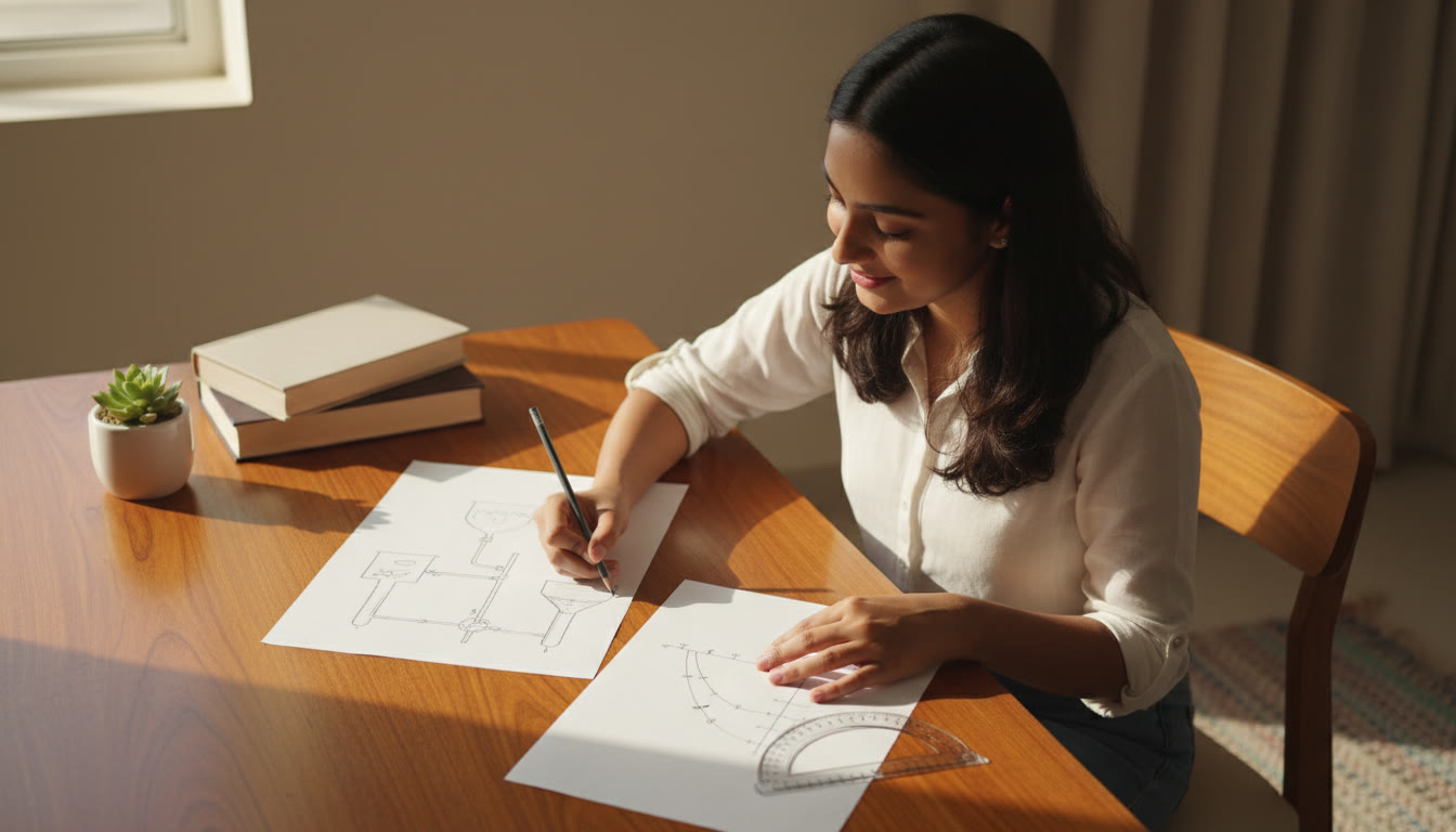 Photo Idea : Student drawing a clean, labelled apparatus diagram with a sharp pencil beside a graph