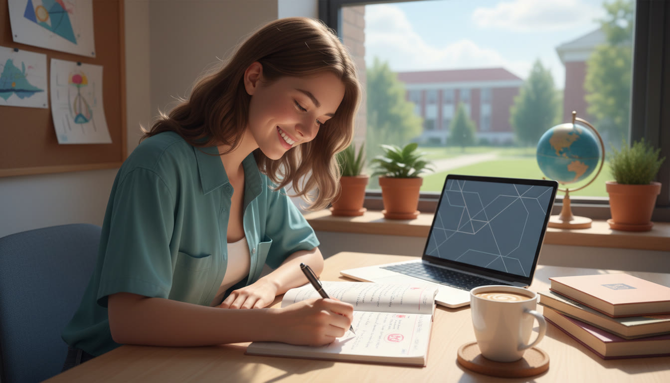 Photo Idea : A student at a desk working on a scholarship essay, with an open notebook and a cup of coffee nearby