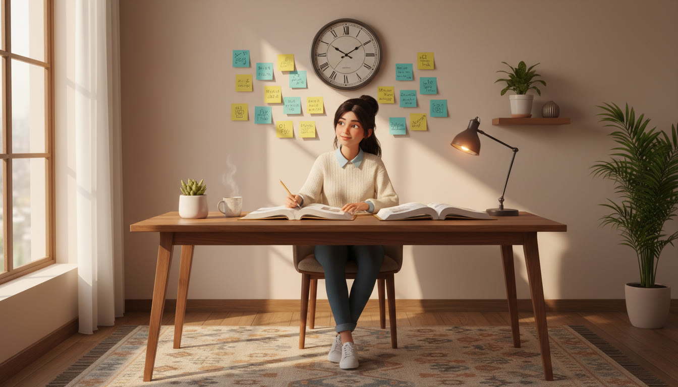Photo Idea : A focused student at a tidy desk with open Physics, Chemistry, and Biology books, a wall clock, and sticky notes.