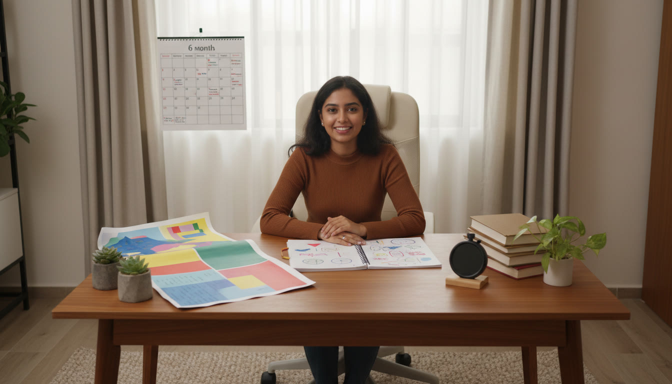 Photo Idea : student at a desk with a 6-month wall calendar, open notebook, stopwatch, and color-coded study plan