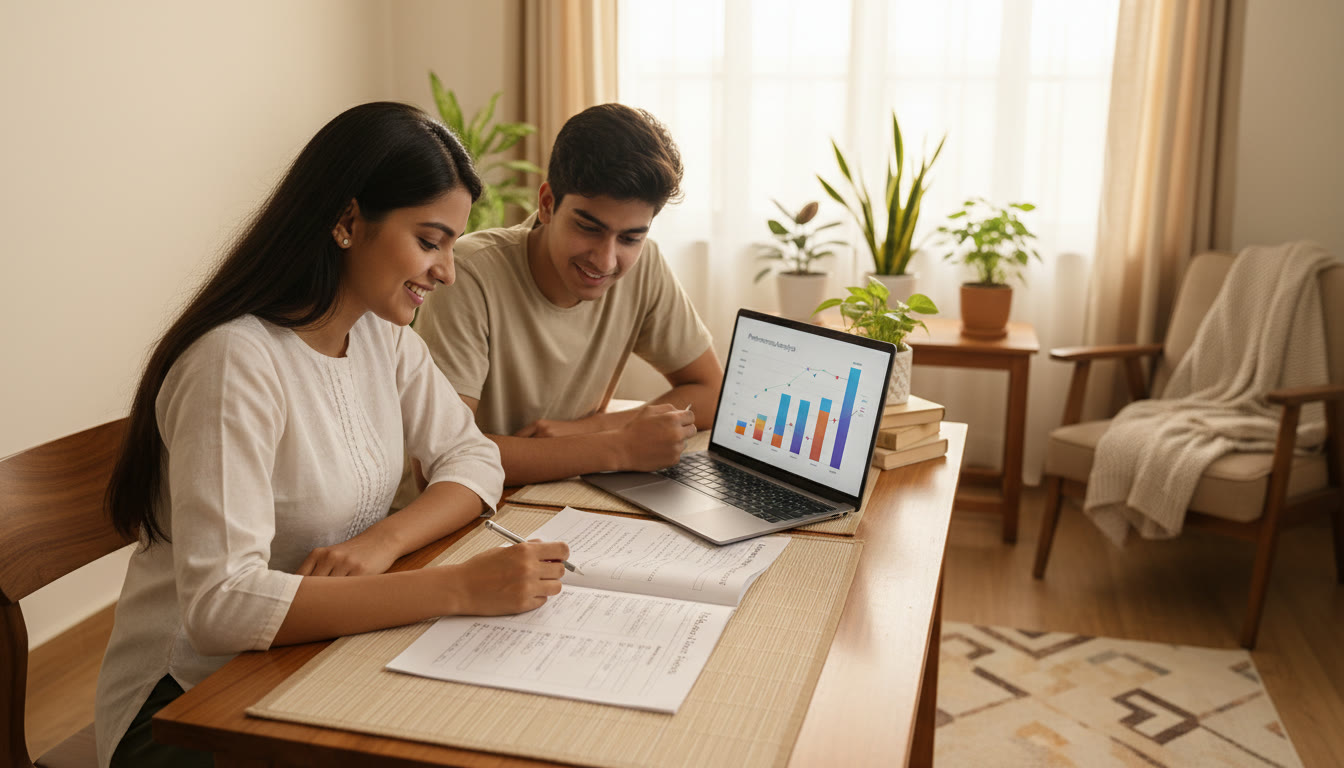 Photo Idea : A tutor and student discussing a mock test paper with a laptop showing performance graphs