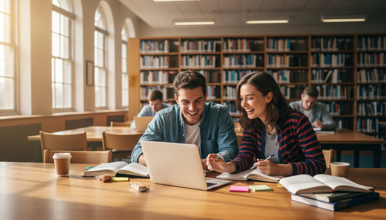 Photo Idea : Two IB students collaborating over EE notes and a laptop in a sunlit library