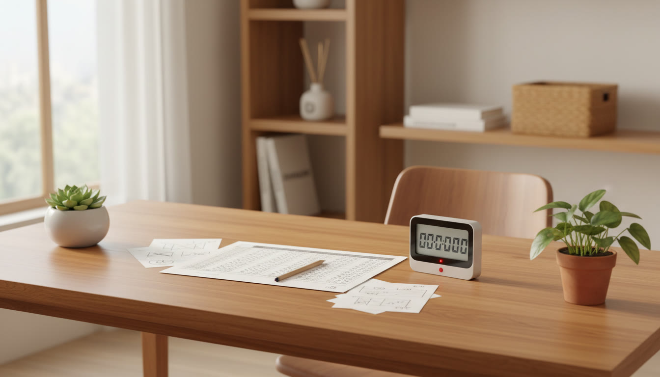 Photo Idea : A desk with an OMR sheet, a pencil, calculator-style notes, and a timer set to simulate exam conditions