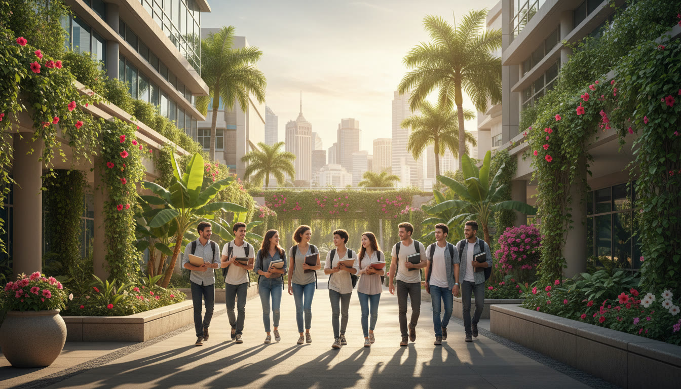 Photo Idea : Students walking between campus buildings in a dense city campus with tropical foliage