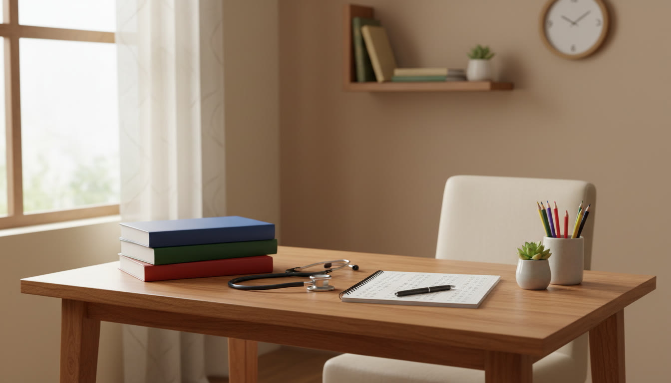 Photo Idea : A cozy study table with three books labeled IB, CBSE, ICSE, a stethoscope, and a notebook with a NEET mock test sheet
