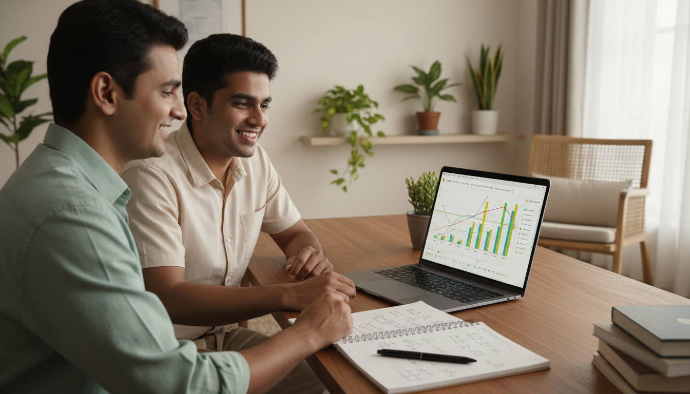 Photo Idea : A student and mentor reviewing a detailed mock-test performance chart on a laptop, with a notebook open for the error log