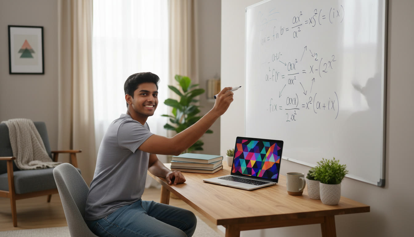 Photo Idea : Student sketching a formula derivation on a whiteboard with textbooks and a laptop nearby