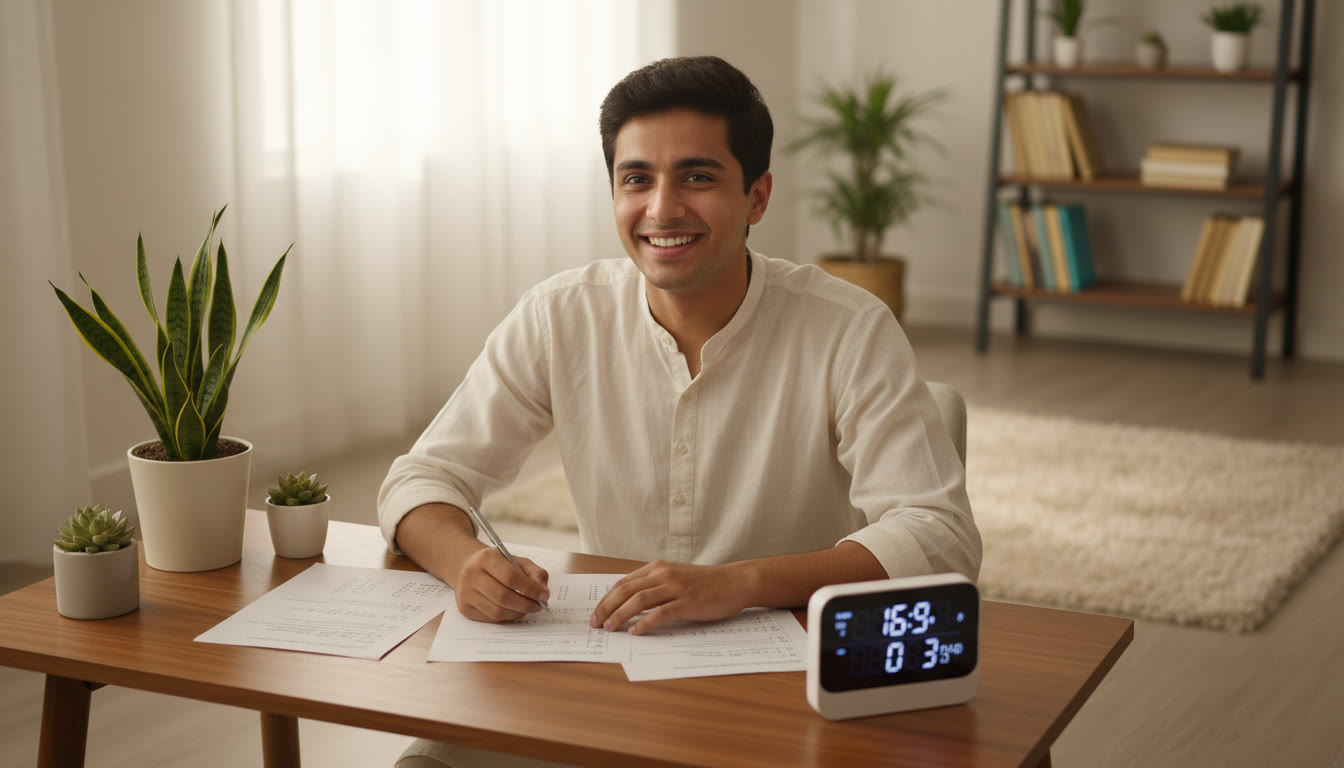 Photo Idea : A student solving multiple-choice practice sheets with a timer beside them