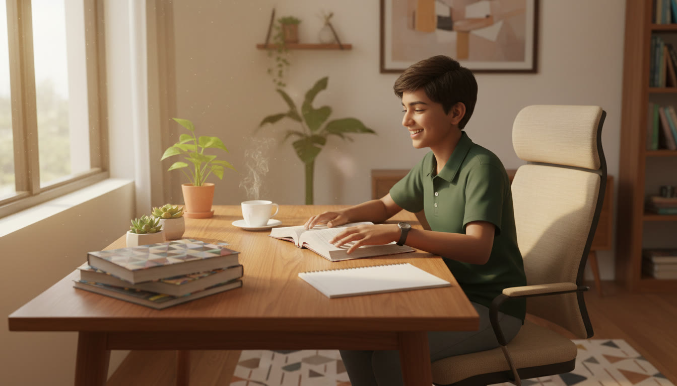 Photo Idea : A focused student at a tidy desk with textbooks, a notebook labelled "30-Day Plan" and a cup of tea