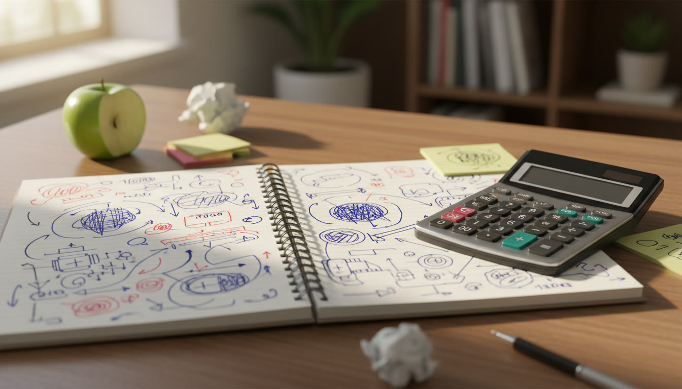 Photo Idea : A close-up of an Extended Essay draft with notes and a calculator on a desk