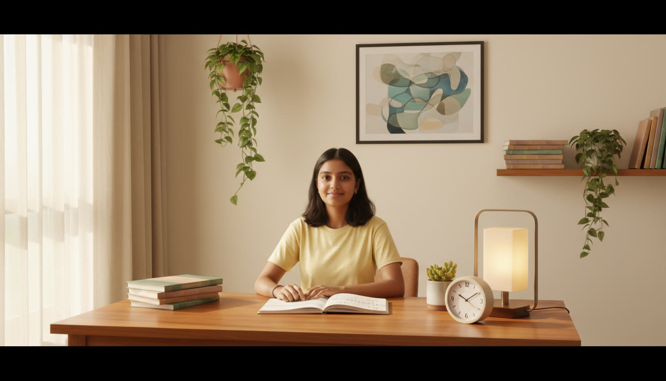 Photo Idea : Student at a desk with a clock, notes, and a calm expression
