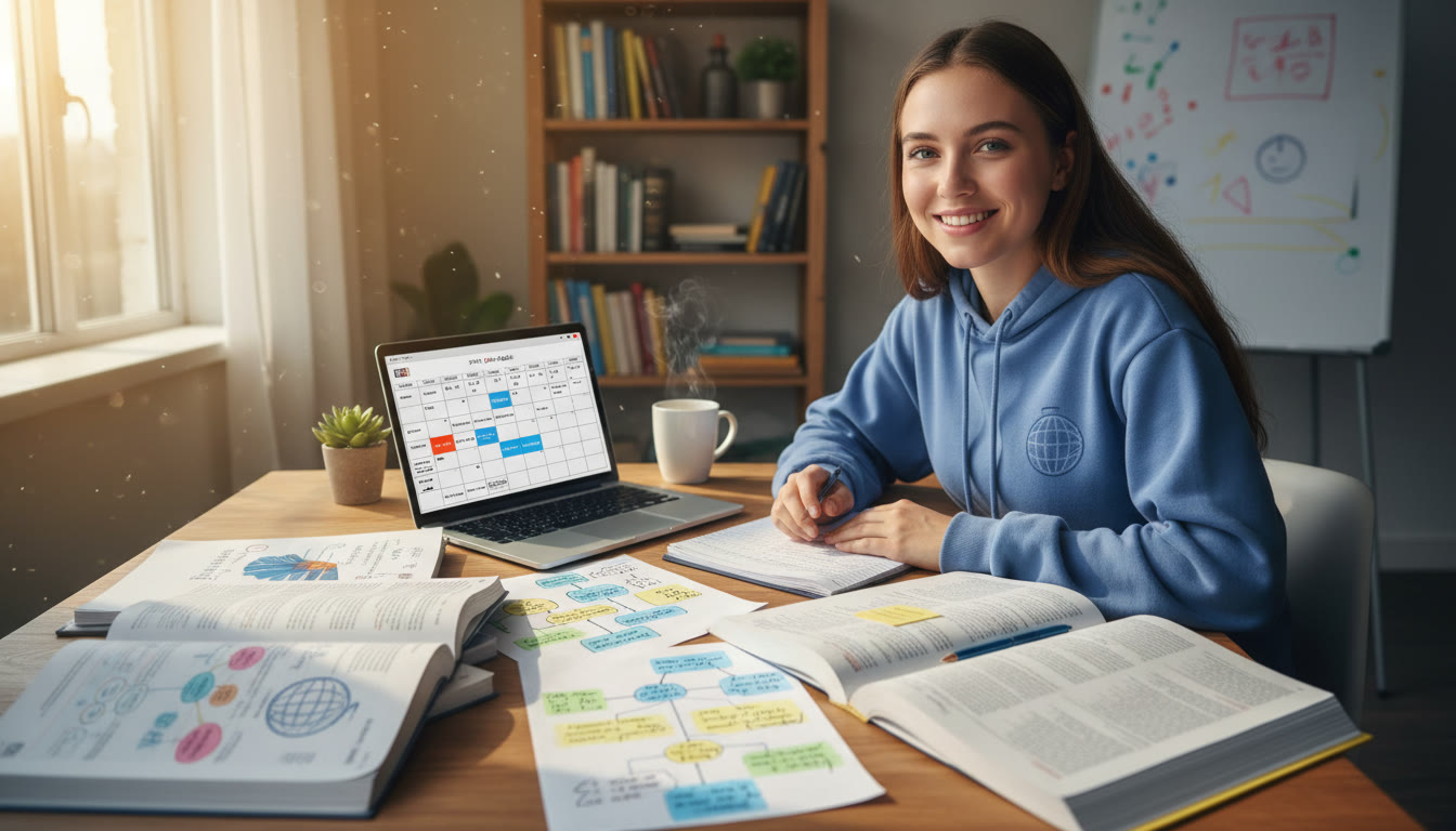 Photo Idea : Student at a desk with open IB textbooks, color-coded notes, and a laptop showing a study timetable