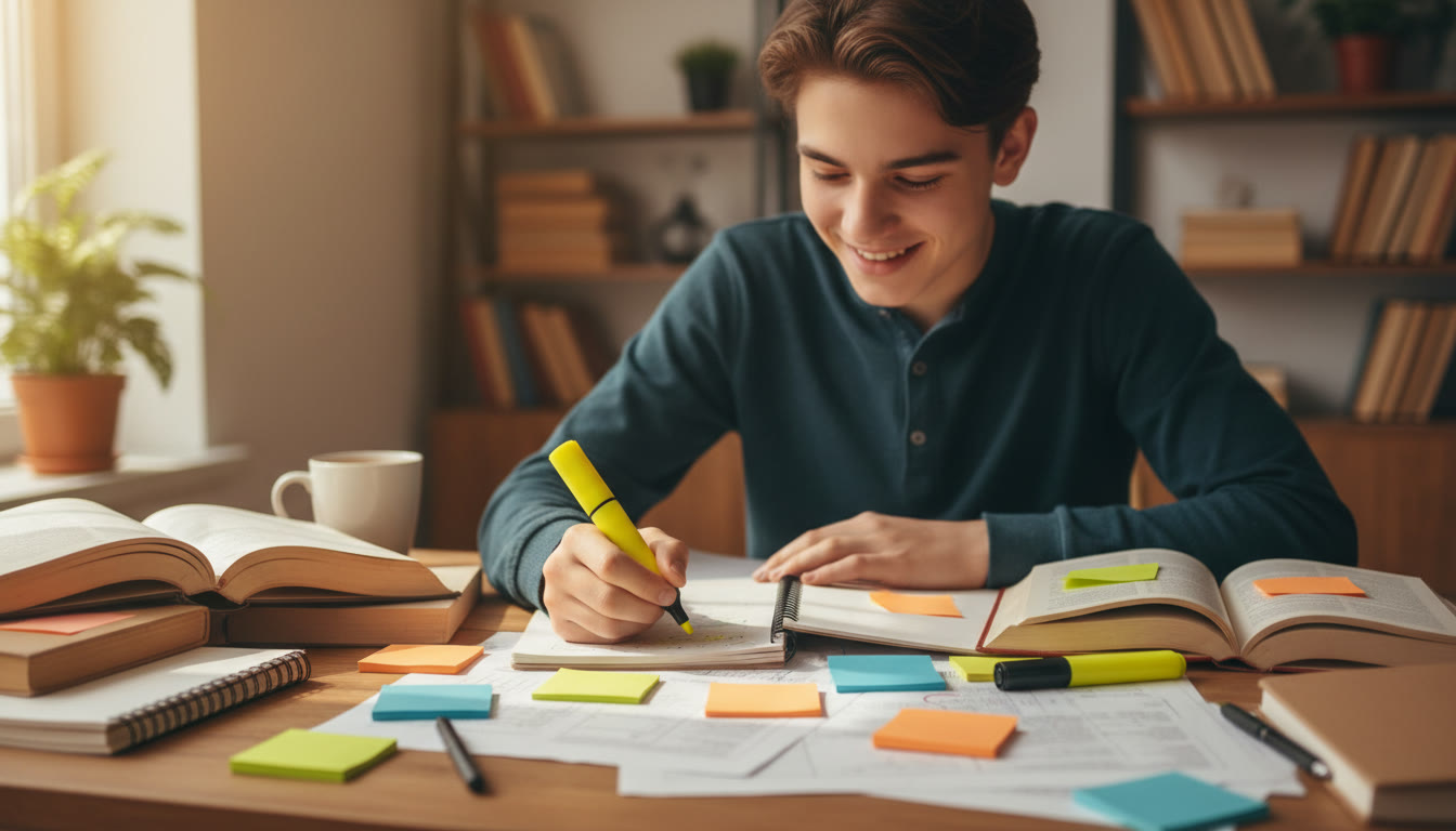Photo Idea : Student at a desk surrounded by notebooks, sticky notes labeled 