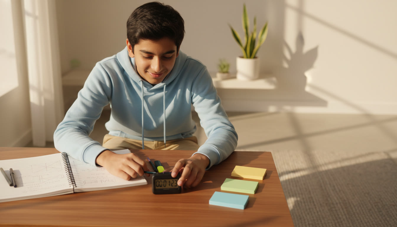 Photo Idea : A focused student at a desk with a stopwatch, open notebook, and tidy stacks of colored notes
