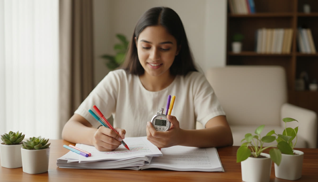 Photo Idea : A student timing a practice paper with a stopwatch and correcting answers with colorful pens