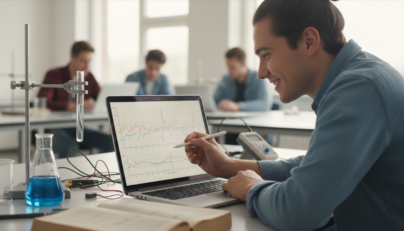 Photo Idea : Close-up of a student annotating a graph from experimental data on a laptop beside lab equipment