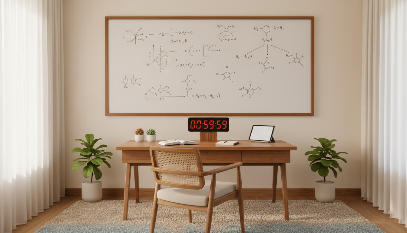 Photo Idea : Whiteboard with physics diagrams and chemistry formula charts, and a timer for mock test