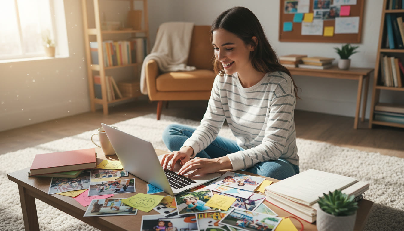 Photo Idea : a student preparing a CAS portfolio entry on a laptop, with printed reflections and photos spread around