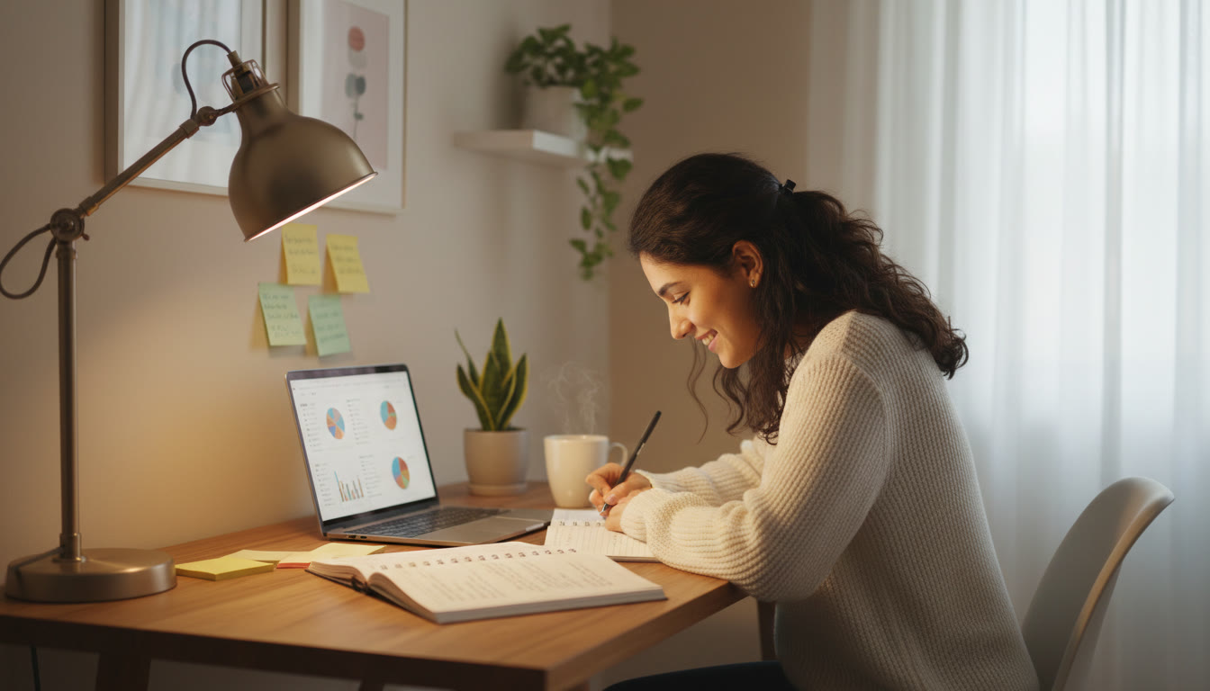 Photo Idea : A focused student studying at a tidy desk under a warm lamp with notebooks, a laptop, and sticky notes