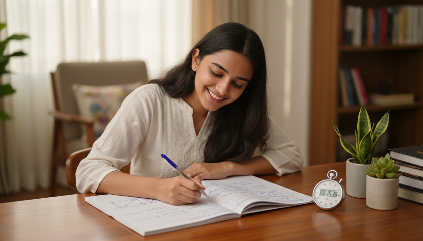 Photo Idea : Student writing physics derivations on a desk with neat diagrams and a stopwatch nearby