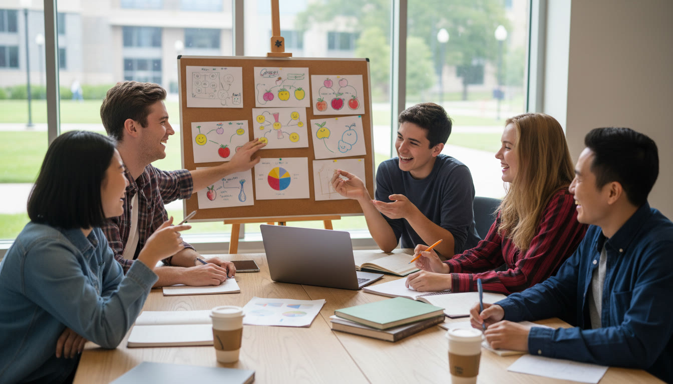 Photo Idea : A diverse small group of students planning around a table with notebooks, a laptop, and a board labelled 