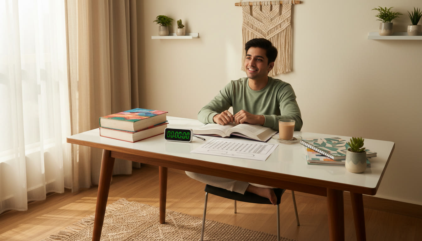 Photo Idea : Student at a tidy desk with textbooks labeled Physics, Chemistry, Biology, a timer, and an OMR sheet nearby