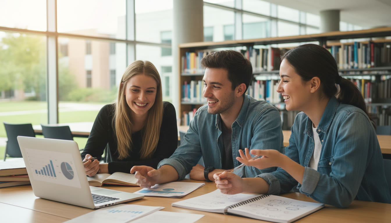 Photo Idea : Students collaborating around a laptop and a notebook, smiling and exchanging ideas