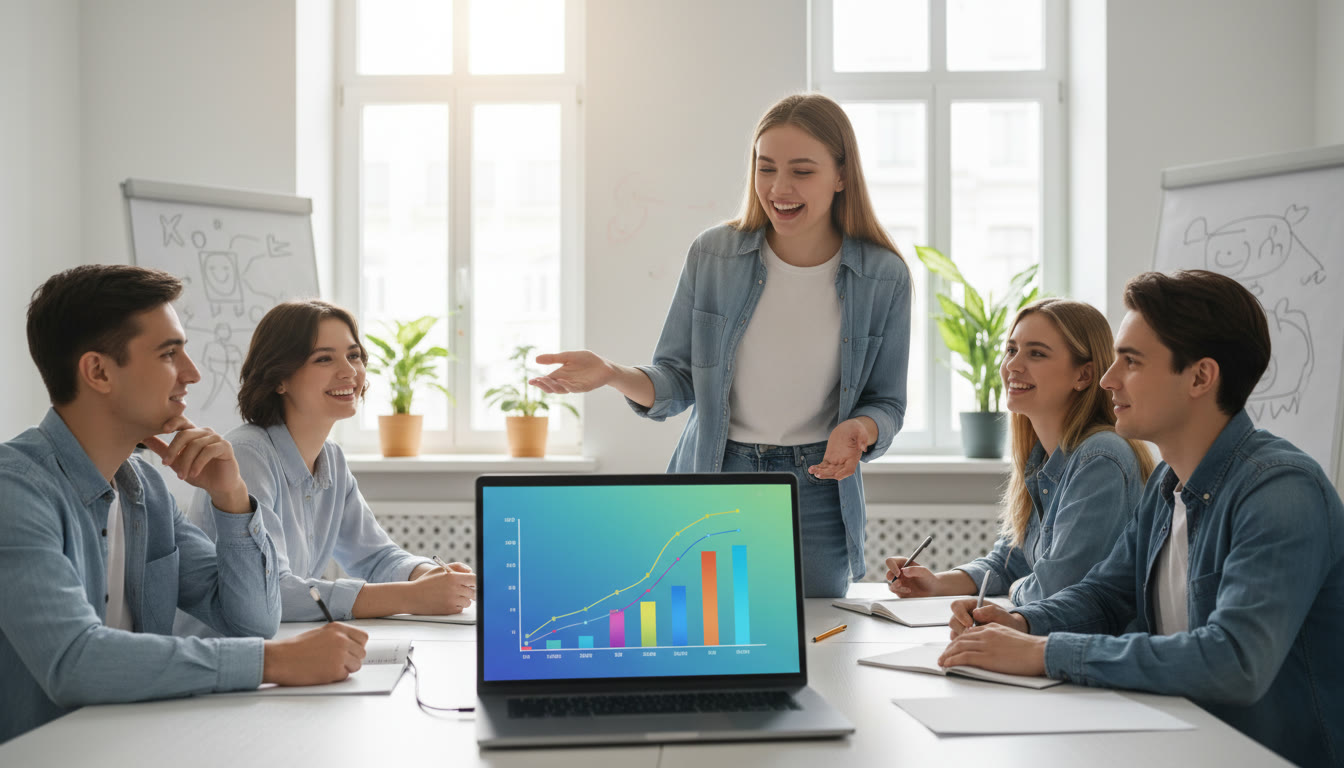 Photo Idea : A student presenting research to peers with a chart on a laptop screen
