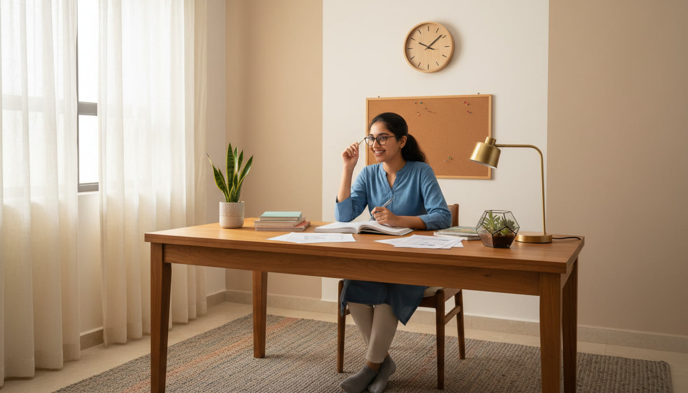 Photo Idea : Student checking a wall clock while working on a sample paper at a study desk