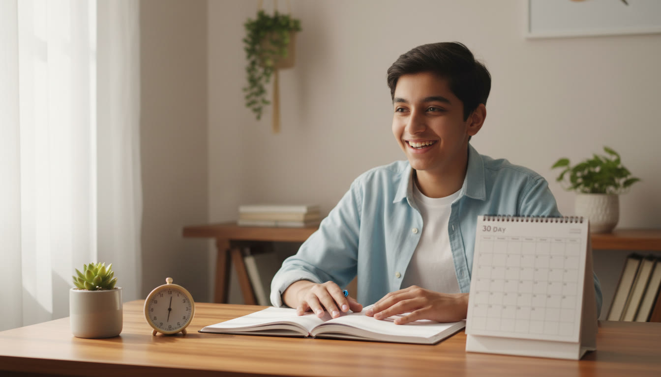 Photo Idea : Student at a tidy desk with a 30-day calendar, open notebook, and a small timer