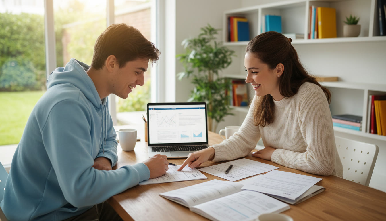 Photo Idea : A tutor working one-on-one with an IB student over practice papers and a laptop screen