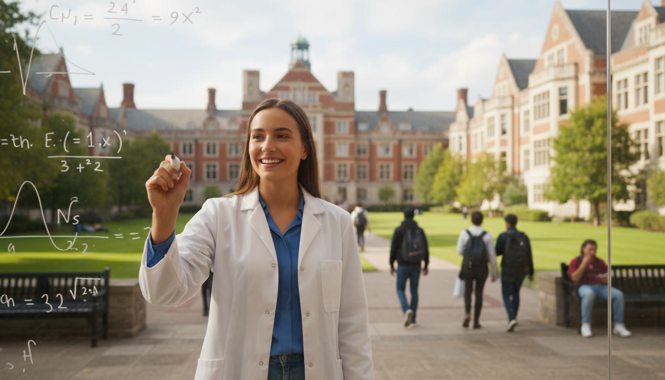 Photo Idea : A student in a lab coat writing equations on a glass board with campus buildings in the background