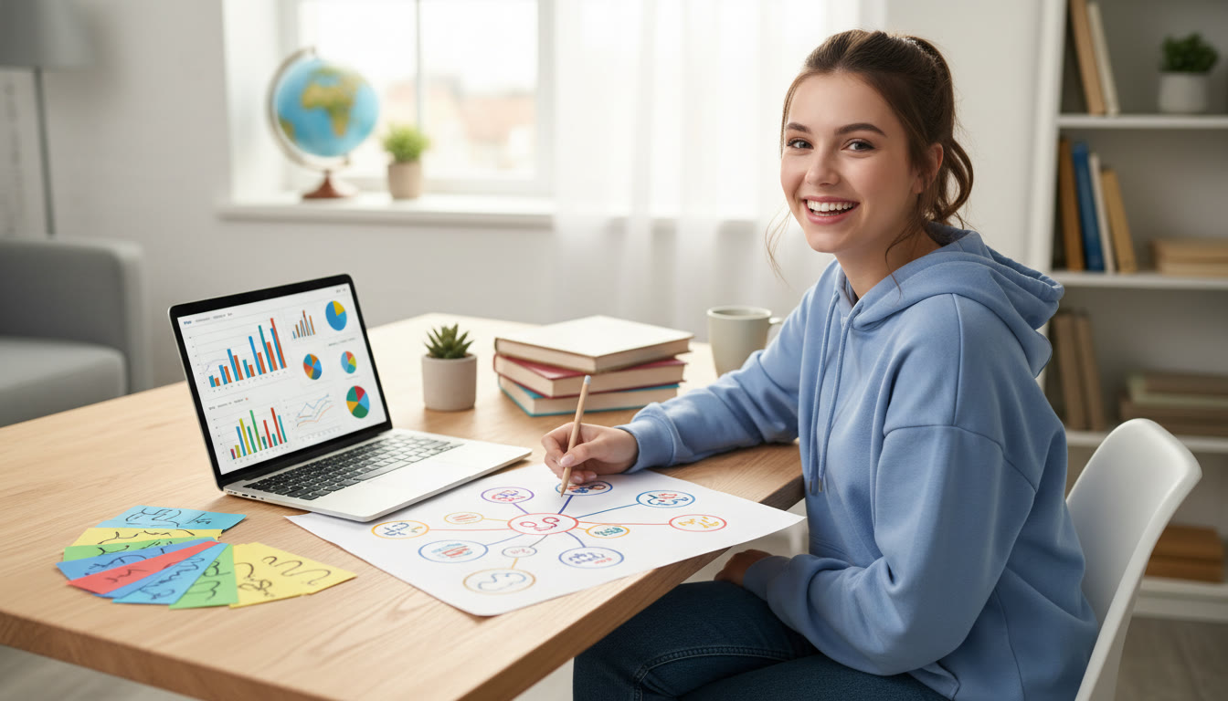 Photo Idea : Student at a desk with a laptop, color-coded index cards and a mind map drawn on paper
