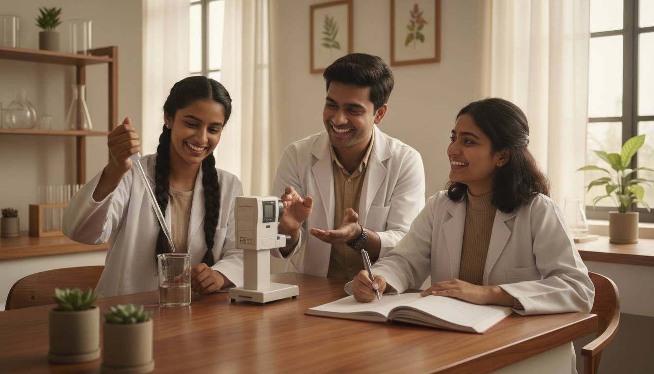 Photo Idea : A small group of smiling students in a science lab setting, carefully taking measurements while one student records results in a neat notebook.