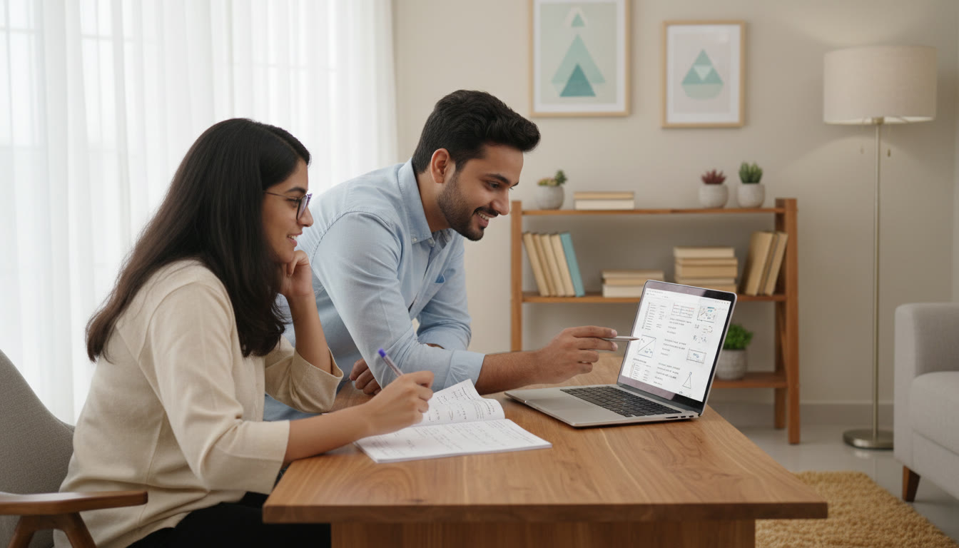 Photo Idea : A tutor working one-on-one with a student over a mock test, pointing at solutions on a laptop