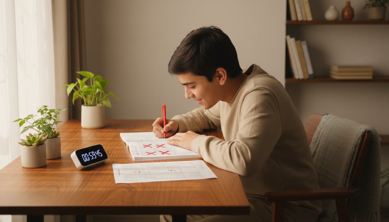 Photo Idea : A student marking mistakes in a test booklet while an OMR sheet and timer sit beside