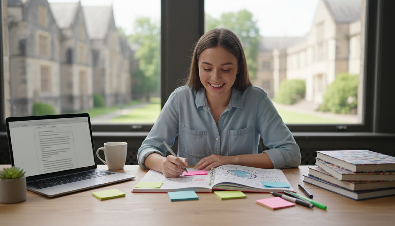 Photo Idea : A focused student with an open notebook, coloured sticky notes, and a laptop displaying a draft of an essay