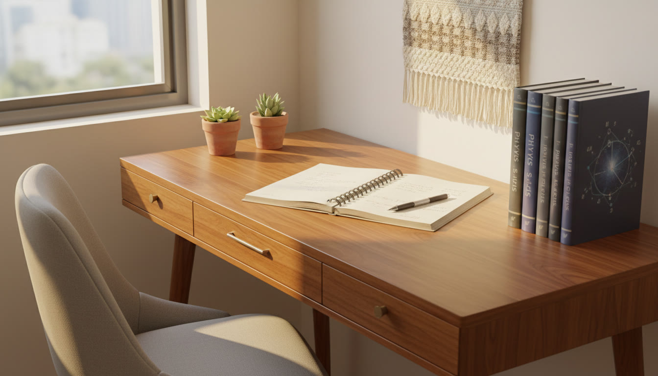 Photo Idea : A sunlit study desk with a stack of physics books, a notebook with handwritten notes, and a mechanical pencil