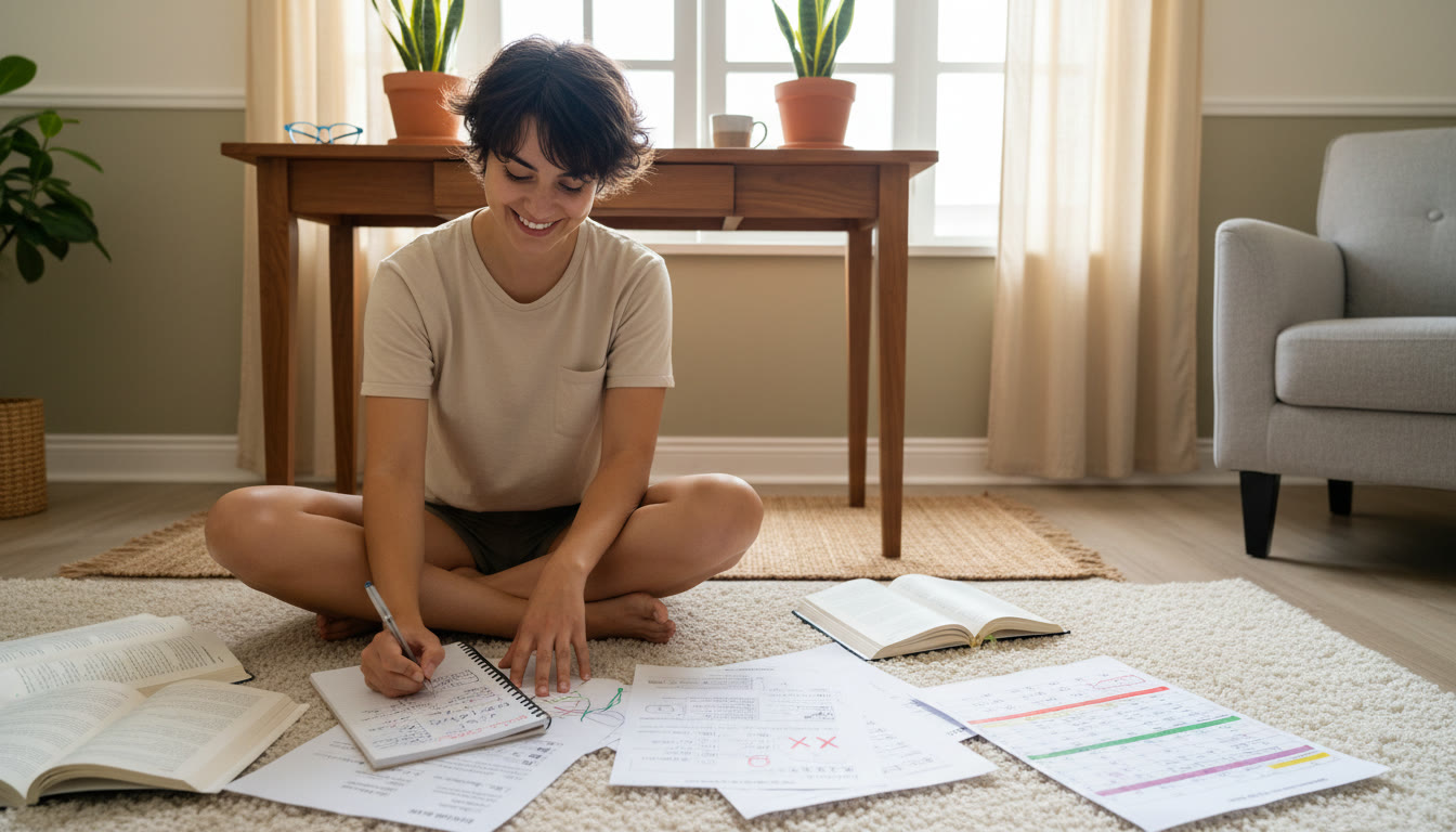 Photo Idea : A student reviewing a mock test with a notebook of errors and a highlighted study plan