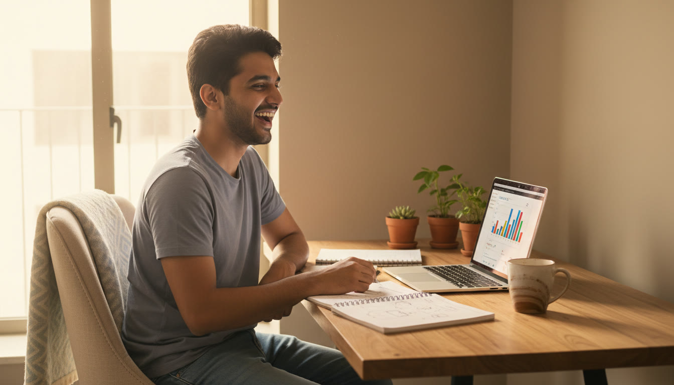Photo Idea : Student at a tidy desk with notebooks, a laptop showing a mock test interface, and a cup of coffee