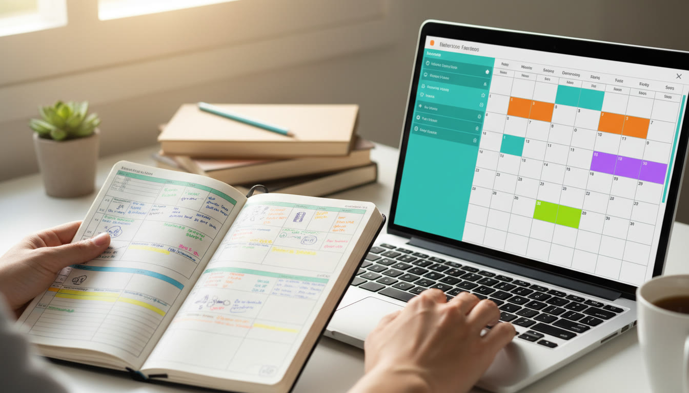 Photo Idea : A close-up of hands holding an annotated planner beside a laptop showing a calendar with colored blocks.