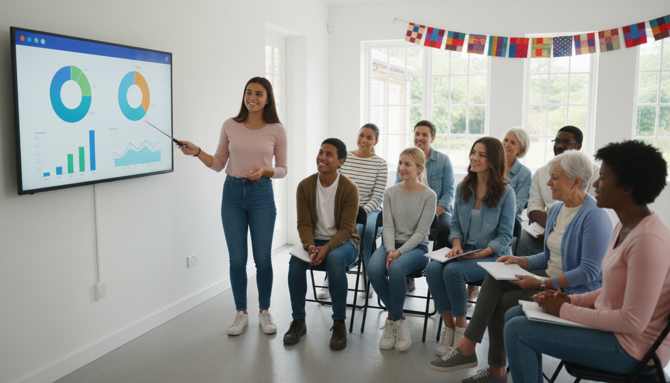 Photo Idea : A student presenting charts from a dashboard to a group of community members
